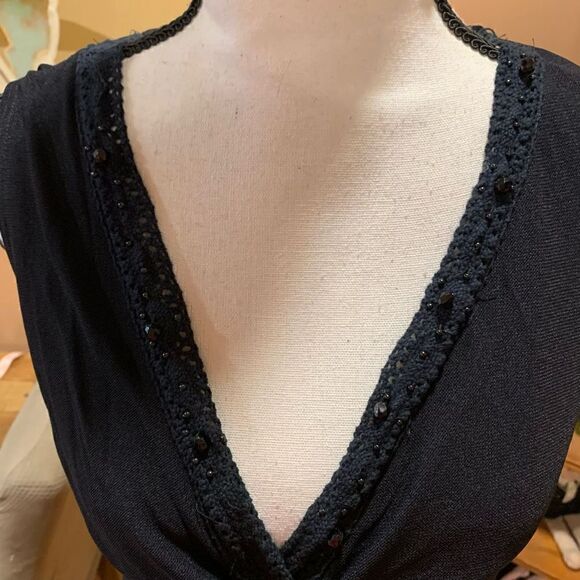 AGB Embellished Beaded Neckline Top, Sleeveless, V-Neck, Black, Medium - Picture 3 of 9